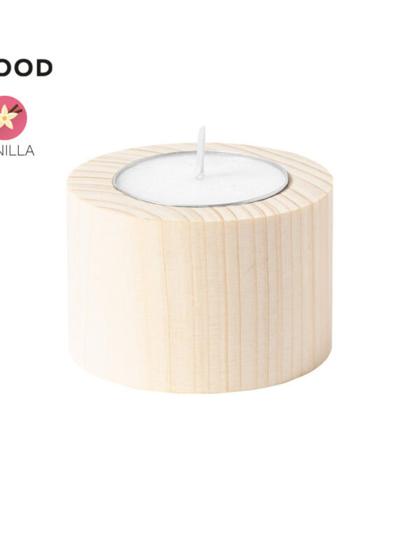 Candela al profumo di vaniglia. Base in legno naturale, presentata in una scatola dal design ecologico.