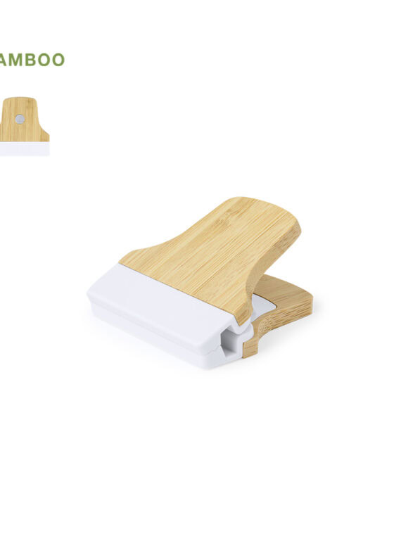 Clip per appunti in legno di bambù. Con forte magnete per il fissaggio alle superfici metalliche, design bicolore in bianco e legno di bambù.