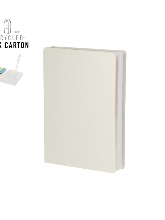 Blocco note in cartone di latte riciclato con note adesive con penna inclusa