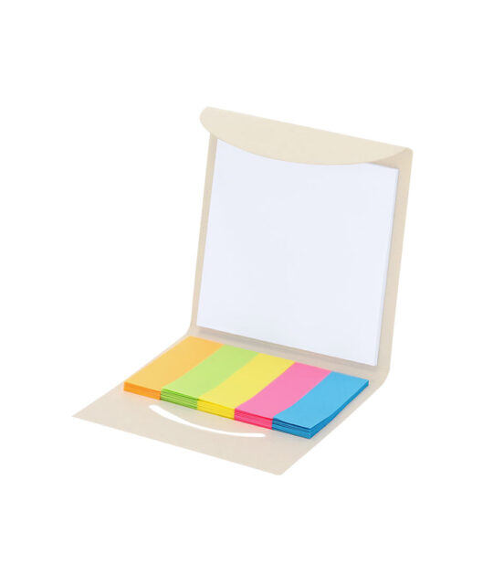 Blocco note con copertine realizzate in cartoni di latte riciclati e interno con 50 note adesive quadrate e 125 mini note adesive di vari colori