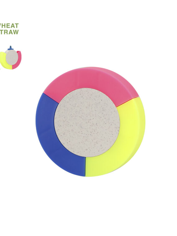 Originale evidenziatore fluorescente a tre colori realizzato in canna da zucchero. Con corpo circolare in morbida finitura opaca ecologico