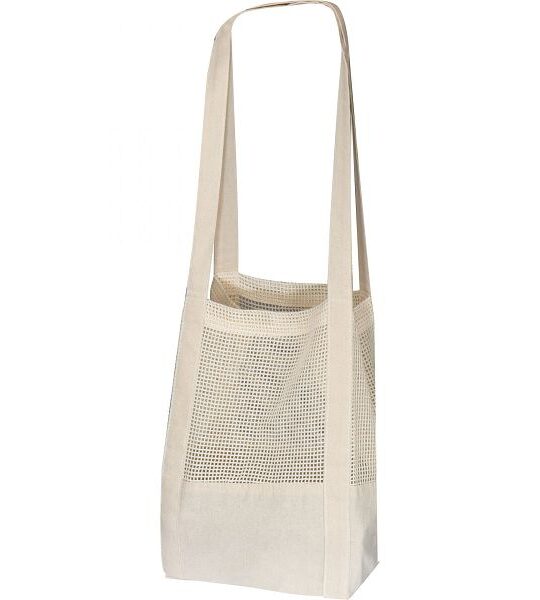 Borsa in cotone Eco Tex Standard 100 con sezione centrale a rete, che rende la borsa flessibile.